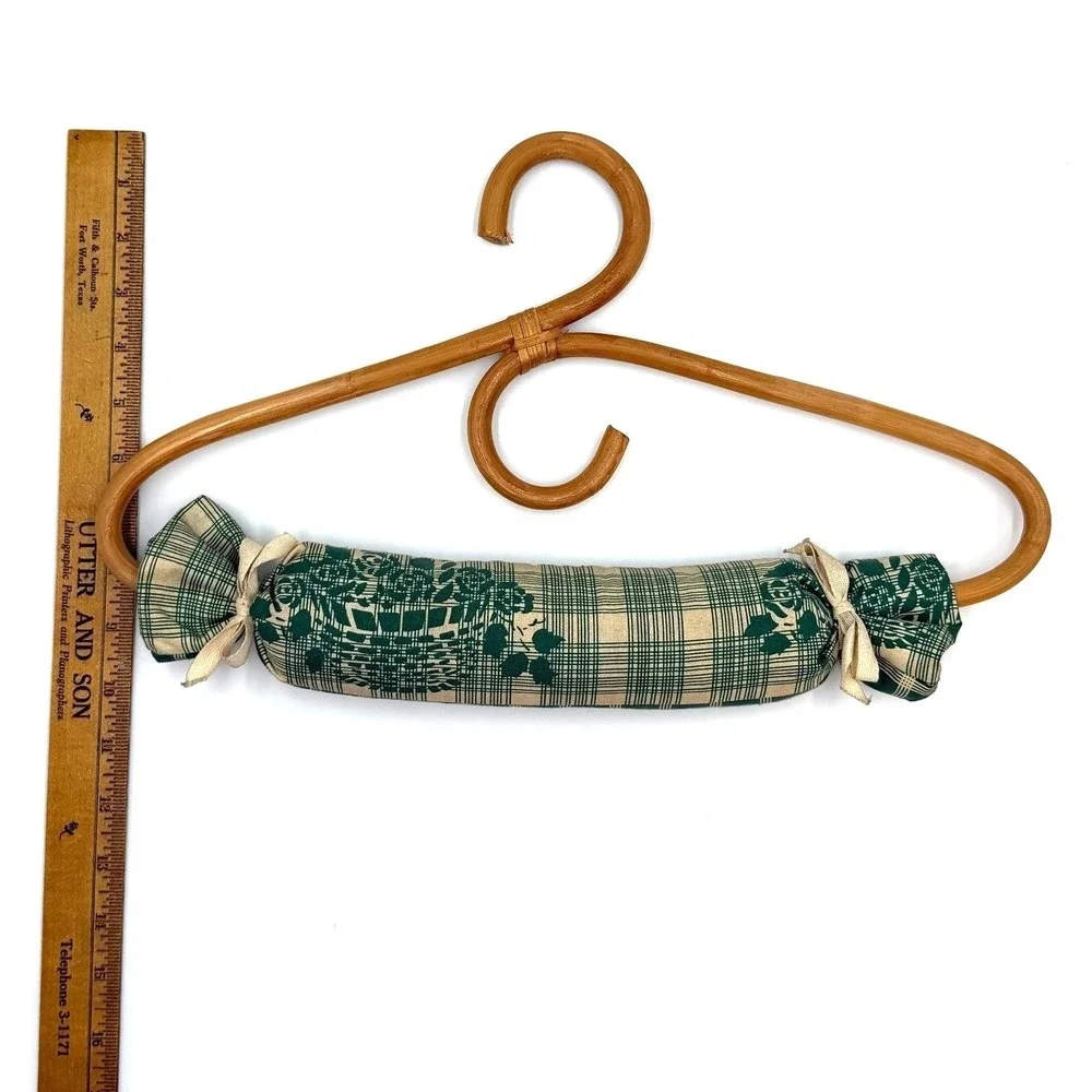 Vintage Rattan Clothes Hanger Padded Bar Green Plaid‎ Candy Wrapper Style Decor